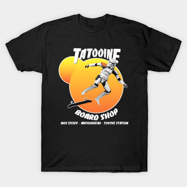 Twin Suns Board Shop T-Shirt by SKIDVOODOO